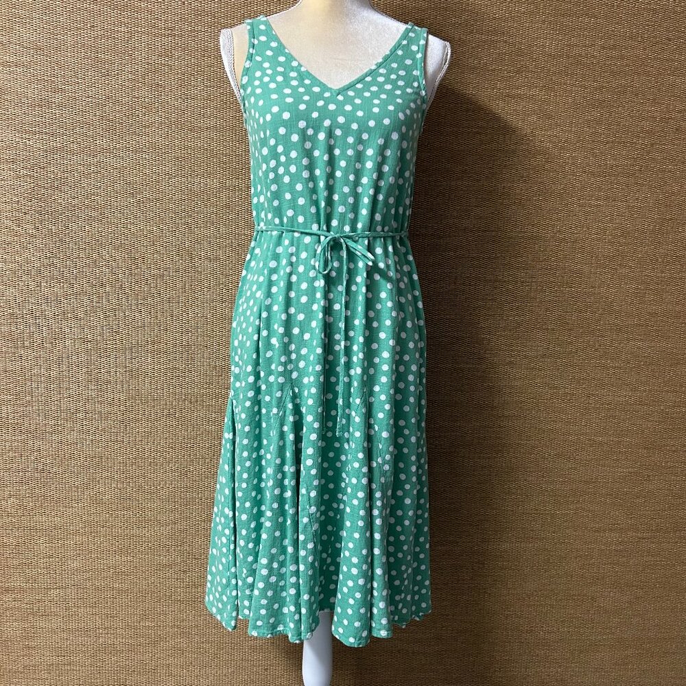 LOFT Dress Women’s Petite XS Green White Polka Dot Linen Blend